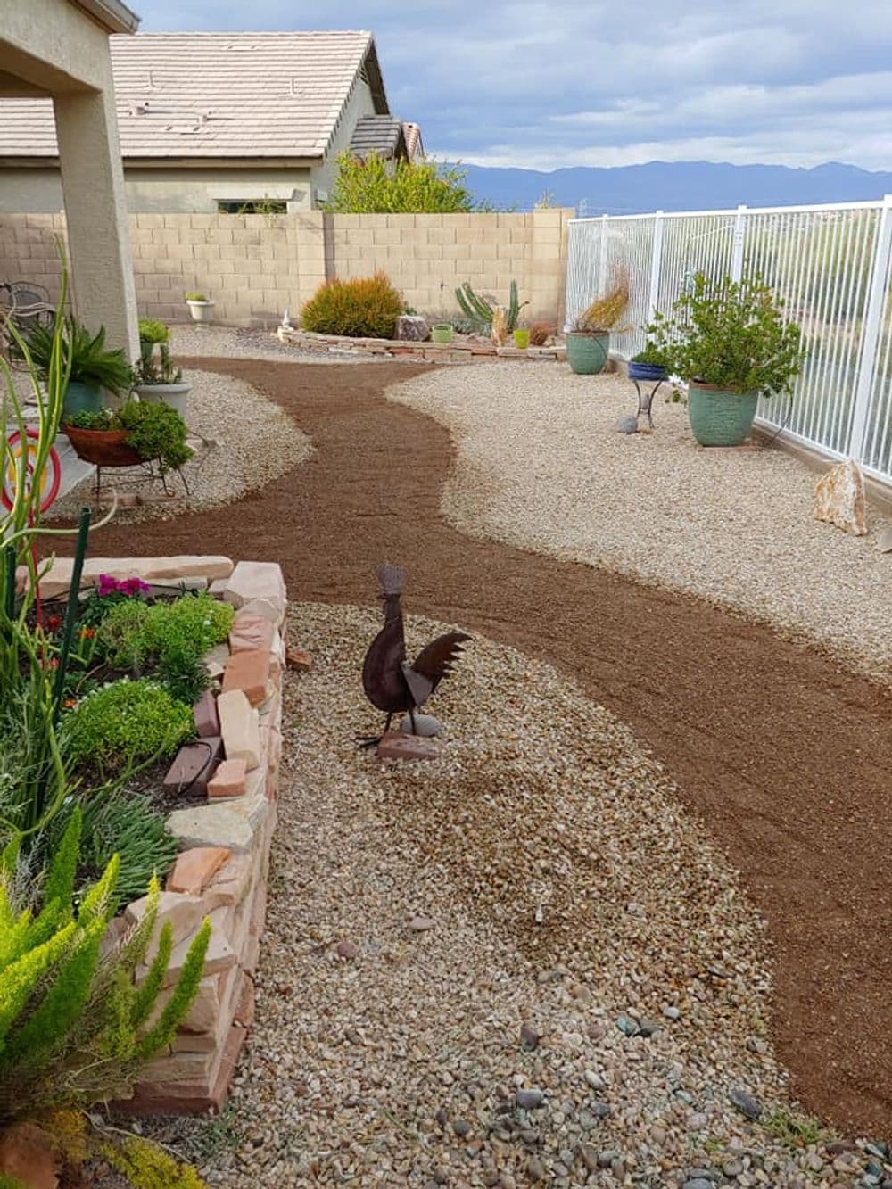 Desert garden pathway with gravel, potted plants, and a decorative peacock statue.